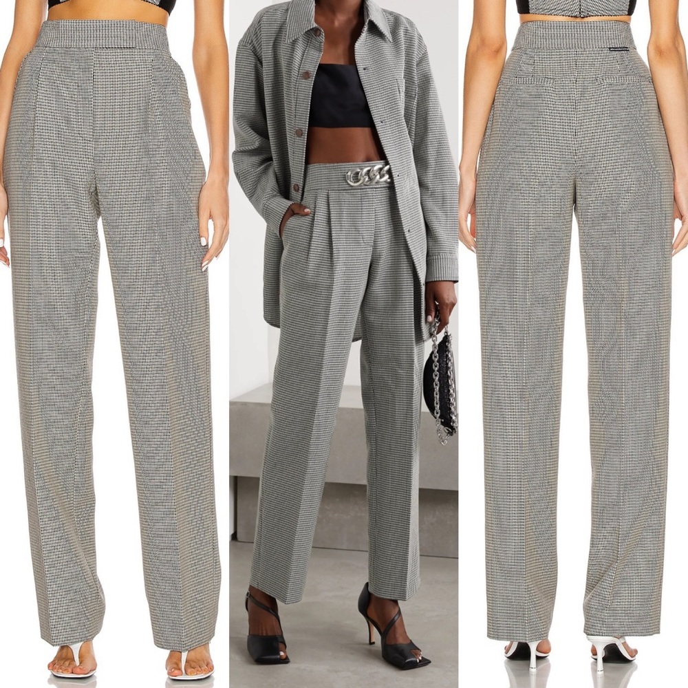 Alexander Wang Chain Embellished Houndstooth Wool Blend Straight Leg Pants